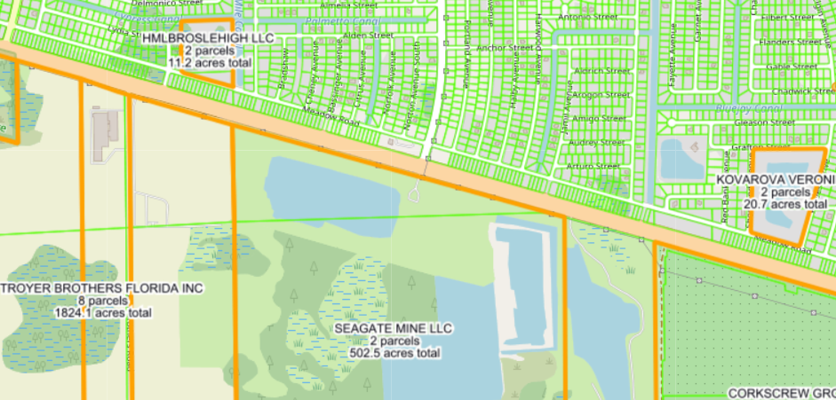 Example image of grouped owner names overlaid on OpenStreetMap