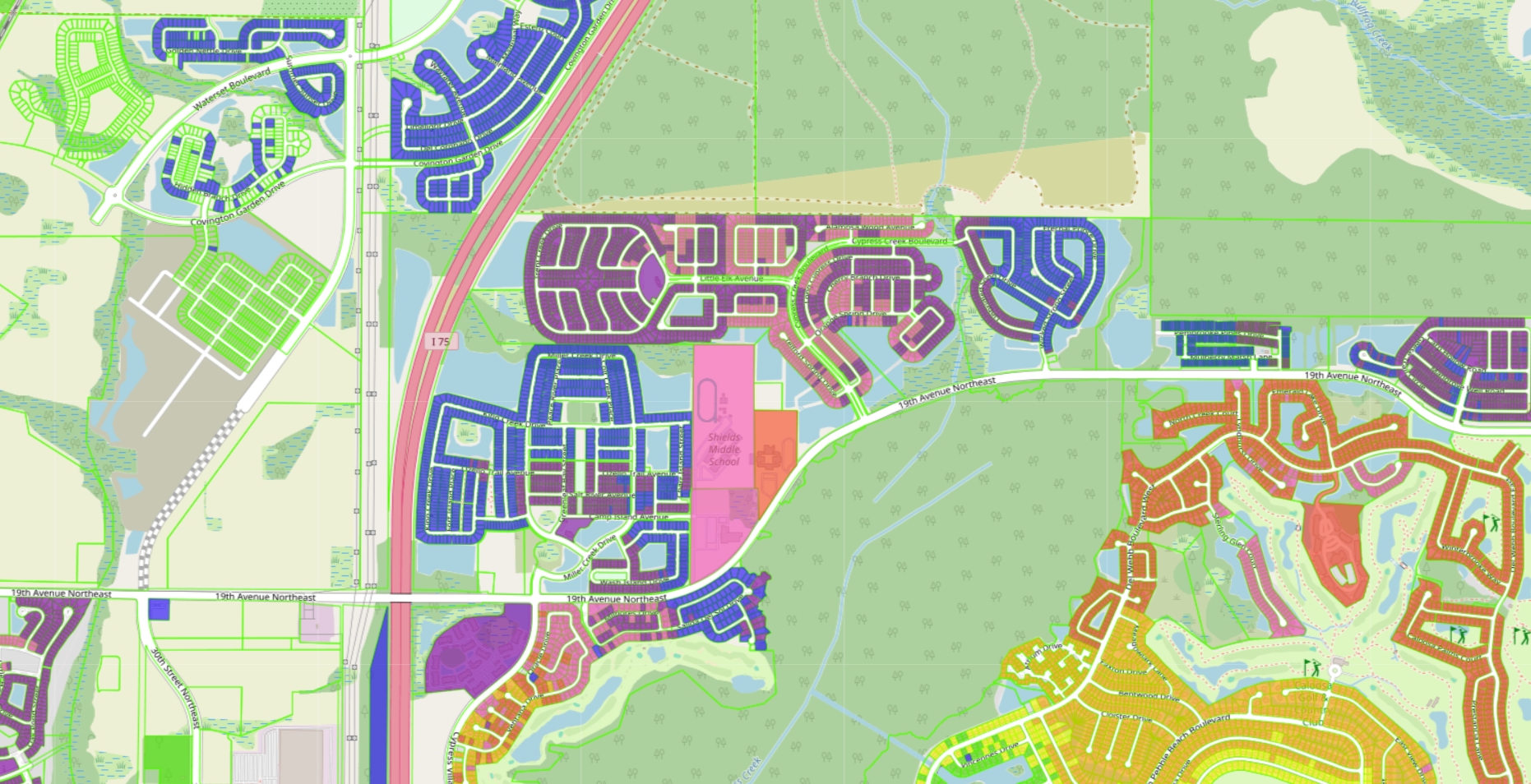 Example of parcels color coded by year built. Colors correspond to decades. Makes it easy to spot areas of new development and growth trends over time.